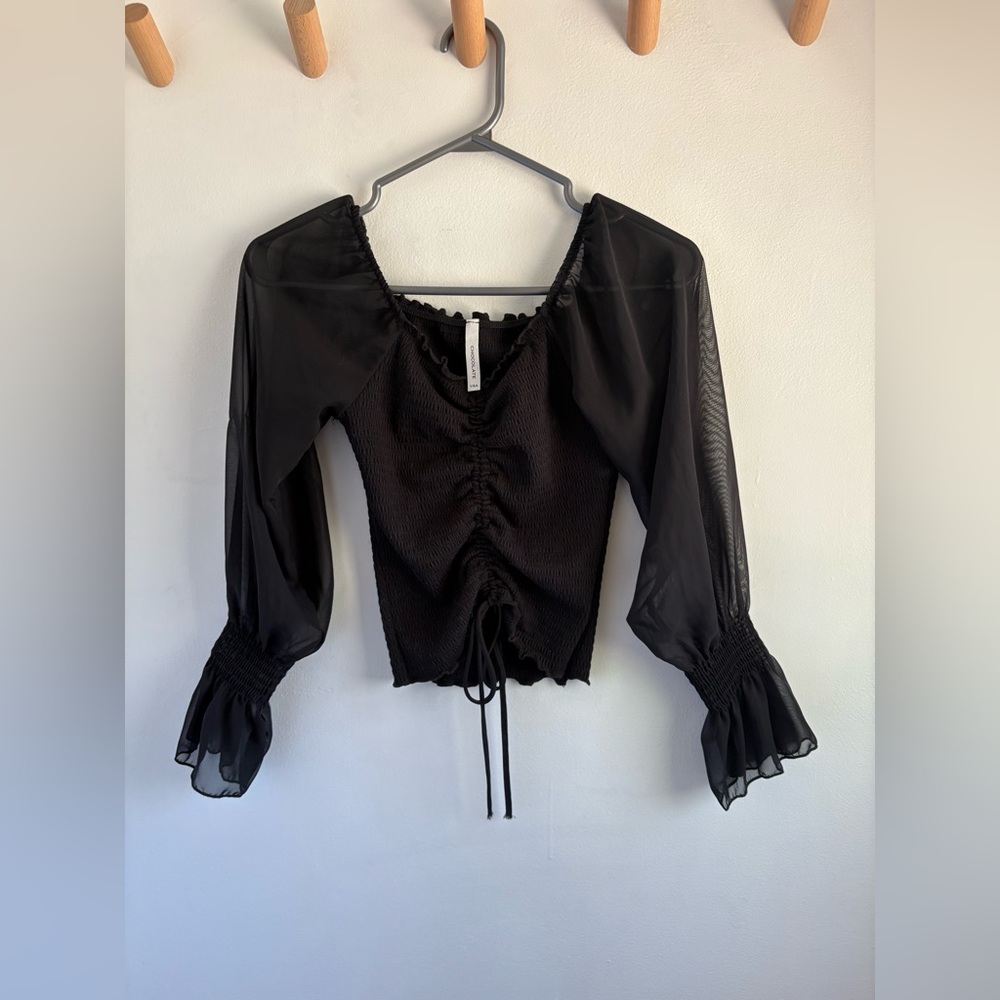 Black Ruched Blouse with Sheer Sleeves